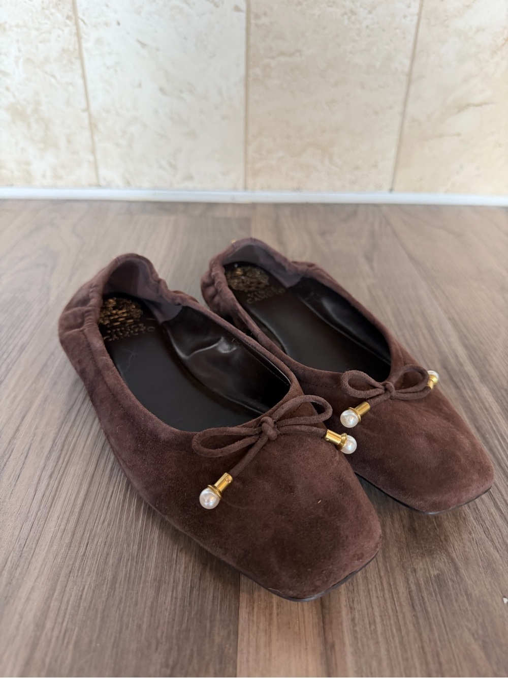 Vince Camuto Chocolate Brown Suede Ballet Flats with Pearl-Tip Bow